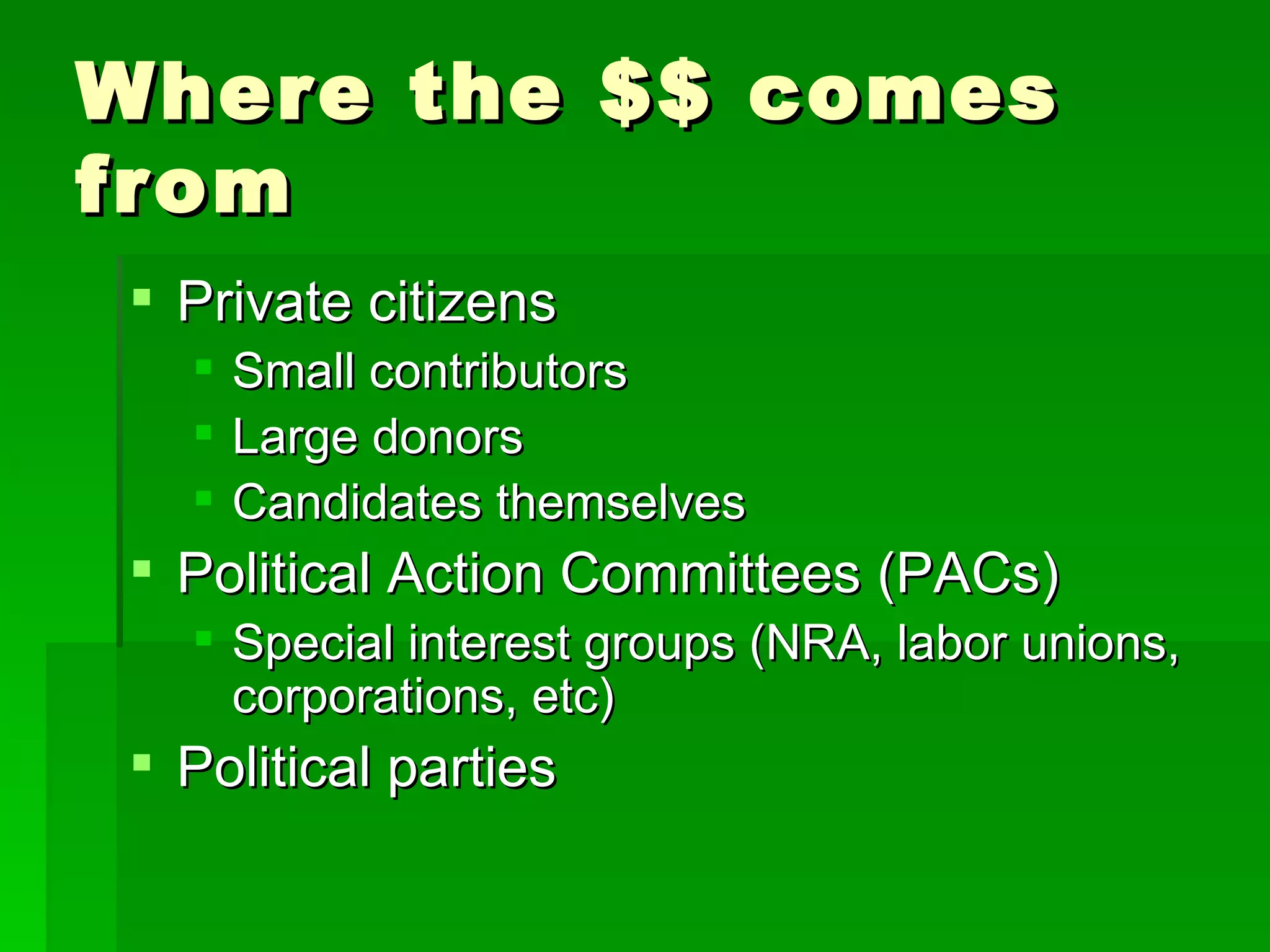 Where the $$ comes from Private citizens Small contributors Large donors Candidates themselves Political Action Committees (PACs) Special interest groups (NRA, labor unions, corporations, etc) Political parties 