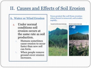 II.  Causes and Effects of Soil ErosionA.  Water or Wind ErosionTrees protect the soil from erosion; when forest is removed, soil erodes rapidly.Under normal conditions soil erosion occurs at the same rate as soil production. Humans sometimes cause erosion to occur faster than new soil can form. When people remove ground cover erosion increases. 