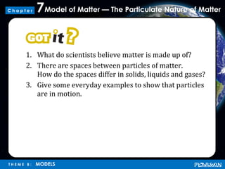 Model of Matter — The Particulate Nature of Matter7
T H E M E B : MODELS
C h a p t e r
1. What do scientists believe matter is made up of?
2. There are spaces between particles of matter.
How do the spaces differ in solids, liquids and gases?
3. Give some everyday examples to show that particles
are in motion.
 