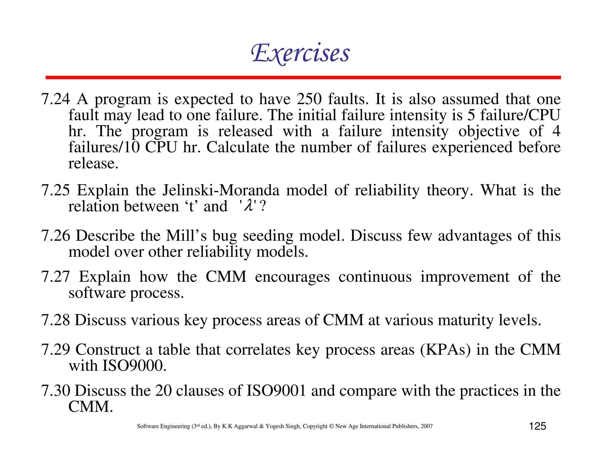 Exercises
7.24 A program is expected to have 250 faults. It is also assumed that one
fault may lead to one failure. The initial failure intensity is 5 failure/CPU
hr. The program is released with a failure intensity objective of 4
failures/10 CPU hr. Calculate the number of failures experienced before
release.
7.25 Explain the Jelinski-Moranda model of reliability theory. What is the
relation between ‘t’ and ' λ ' ?
7.26 Describe the Mill’s bug seeding model. Discuss few advantages of this
model over other reliability models.
7.27 Explain how the CMM encourages continuous improvement of the
software process.
7.28 Discuss various key process areas of CMM at various maturity levels.
7.29 Construct a table that correlates key process areas (KPAs) in the CMM
with ISO9000.
7.30 Discuss the 20 clauses of ISO9001 and compare with the practices in the
CMM.
Software Engineering (3rd ed.), By K.K Aggarwal & Yogesh Singh, Copyright © New Age International Publishers, 2007

125

 