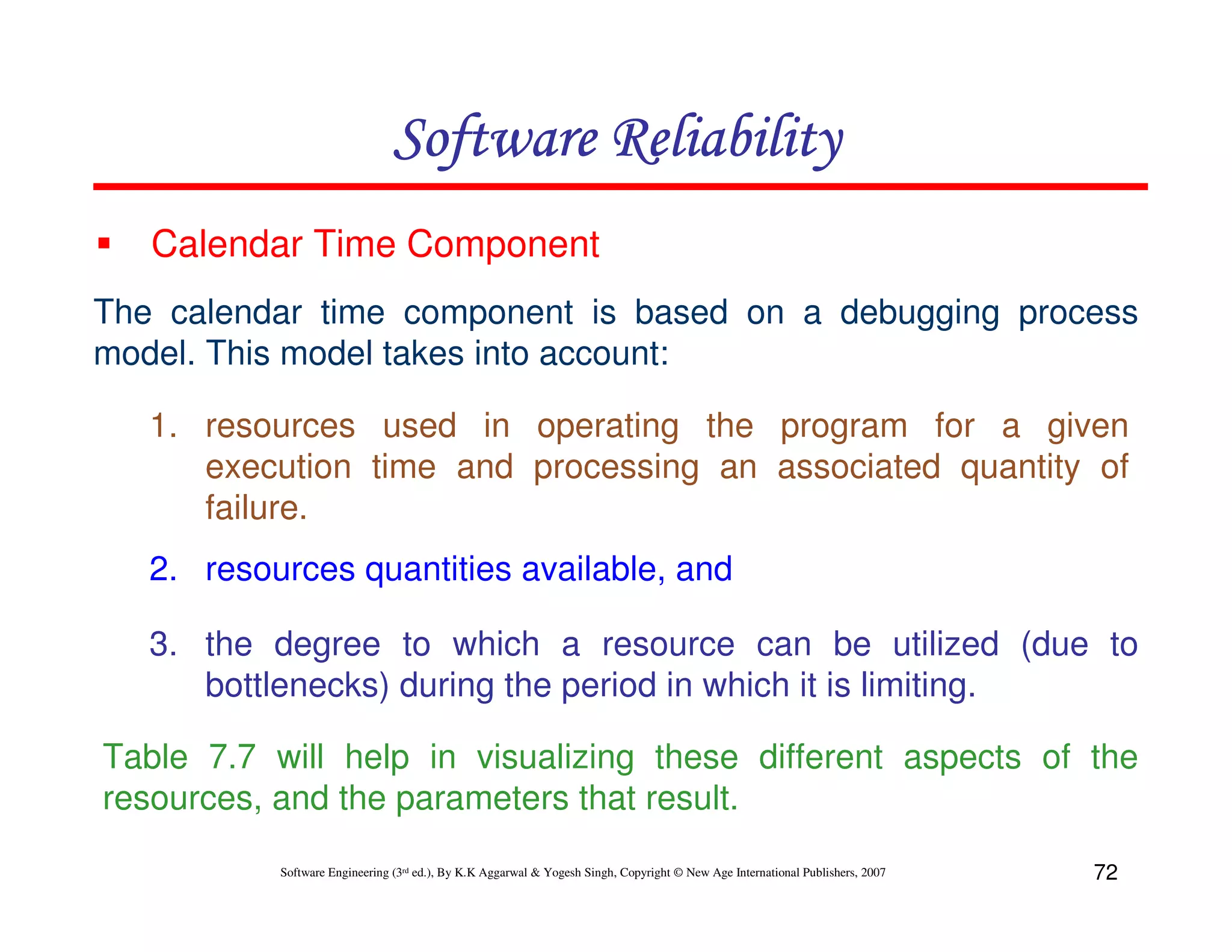 Software Reliability
Calendar Time Component
The calendar time component is based on a debugging process
model. This model takes into account:
1. resources used in operating the program for a given
execution time and processing an associated quantity of
failure.
2. resources quantities available, and
3. the degree to which a resource can be utilized (due to
bottlenecks) during the period in which it is limiting.
Table 7.7 will help in visualizing these different aspects of the
resources, and the parameters that result.
Software Engineering (3rd ed.), By K.K Aggarwal & Yogesh Singh, Copyright © New Age International Publishers, 2007

72

 