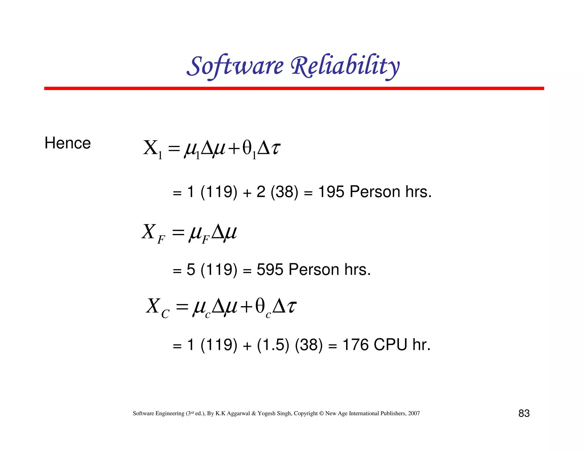 Software Reliability
Hence

X1 = µ1∆µ + θ1∆τ
= 1 (119) + 2 (38) = 195 Person hrs.

X F = µF ∆µ
= 5 (119) = 595 Person hrs.

X C = µc ∆µ + θc ∆τ
= 1 (119) + (1.5) (38) = 176 CPU hr.

Software Engineering (3rd ed.), By K.K Aggarwal & Yogesh Singh, Copyright © New Age International Publishers, 2007

83

 
