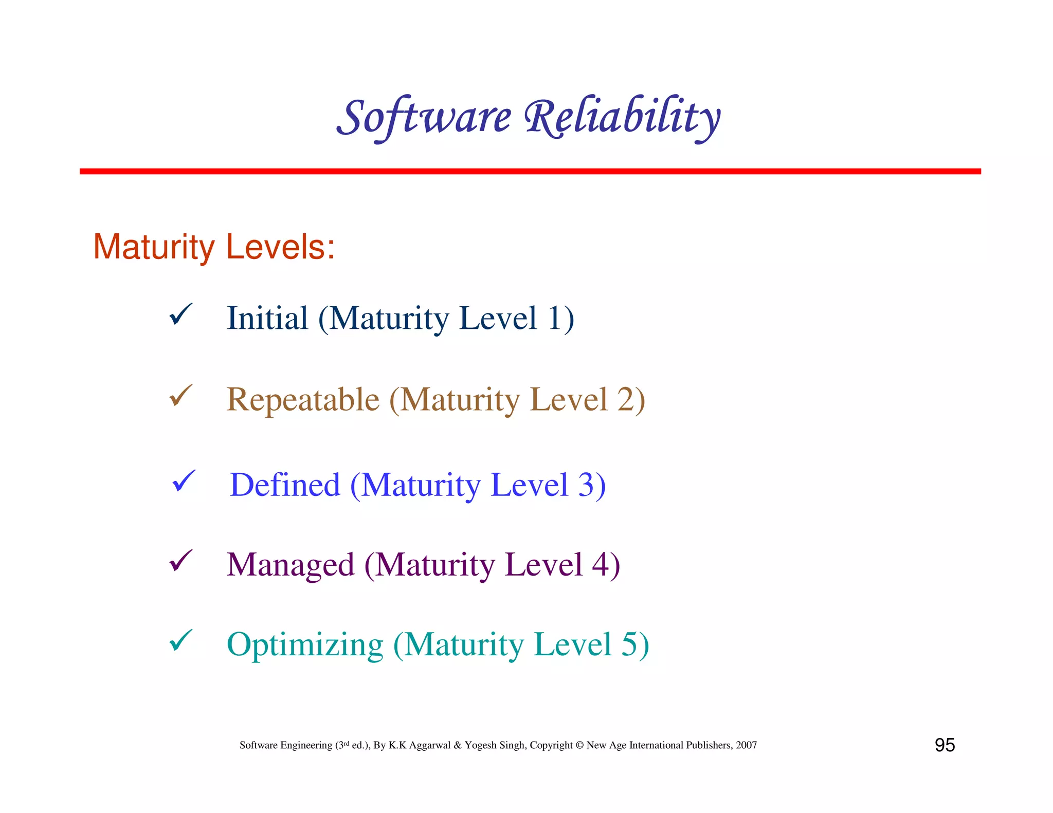 Software Reliability
Maturity Levels:

Initial (Maturity Level 1)
Repeatable (Maturity Level 2)
Defined (Maturity Level 3)
Managed (Maturity Level 4)
Optimizing (Maturity Level 5)
Software Engineering (3rd ed.), By K.K Aggarwal & Yogesh Singh, Copyright © New Age International Publishers, 2007

95

 