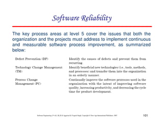 Software Reliability
The key process areas at level 5 cover the issues that both the
organization and the projects must address to implement continuous
and measurable software process improvement, as summarized
below:

Software Engineering (3rd ed.), By K.K Aggarwal & Yogesh Singh, Copyright © New Age International Publishers, 2007

101

 