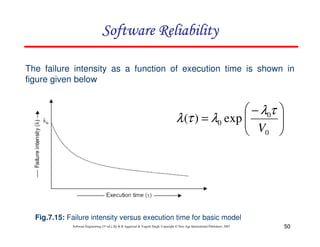 Software Reliability
The failure intensity as a function of execution time is shown in
figure given below

 − λ0τ
λ (τ ) = λ0 exp 
 V
 0






Fig.7.15: Failure intensity versus execution time for basic model
Software Engineering (3rd ed.), By K.K Aggarwal & Yogesh Singh, Copyright © New Age International Publishers, 2007

50

 