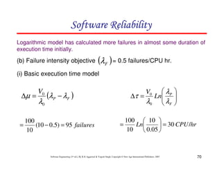 Software Reliability
Logarithmic model has calculated more failures in almost some duration of
execution time initially.

(b) Failure intensity objective

(λF ) = 0.5 failures/CPU hr.

(i) Basic execution time model

∆µ =

V0

λ0

(λP − λF )

100
=
(10 − 0.5) = 95 failures
10

 λP
∆τ = Ln
λ0  λF

V0






100  10 
=
Ln
 = 30 CPU /hr
10
 0.05 

Software Engineering (3rd ed.), By K.K Aggarwal & Yogesh Singh, Copyright © New Age International Publishers, 2007

70

 