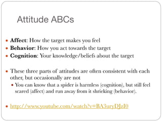 Attitude ABCs
● Affect: How the target makes you feel
● Behavior: How you act towards the target
● Cognition: Your knowledge/beliefs about the target
!
● These three parts of attitudes are often consistent with each
other, but occasionally are not
● You can know that a spider is harmless (cognition), but still feel
scared (affect) and run away from it shrieking (behavior).
!
● http://www.youtube.com/watch?v=BA3uryDJzI0
 