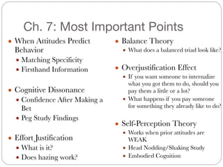 Ch. 7: Most Important Points
● When Attitudes Predict
Behavior
● Matching Specificity
● Firsthand Information
#
● Cognitive Dissonance
● Confidence After Making a
Bet
● Peg Study Findings
#
● Effort Justification
● What is it?
● Does hazing work?
● Balance Theory
● What does a balanced triad look like?
#
● Overjustification Effect
● If you want someone to internalize
what you got them to do, should you
pay them a little or a lot?
● What happens if you pay someone
for something they already like to do?
#
● Self-Perception Theory
● Works when prior attitudes are
WEAK
● Head Nodding/Shaking Study
● Embodied Cognition
 