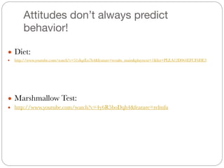 Attitudes don’t always predict
behavior!
!
● Diet:
● http://www.youtube.com/watch?v=51sIqzEo7h4&feature=results_main&playnext=1&list=PLEA12D064EFCF6DE3
!
!
!
!
!
● Marshmallow Test:
● http://www.youtube.com/watch?v=4y6R5boDqh4&feature=relmfu
 