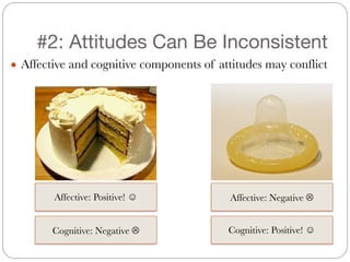 #2: Attitudes Can Be Inconsistent
● Affective and cognitive components of attitudes may conflict
Affective: Positive! ☺
Cognitive: Negative ☹
Affective: Negative ☹
Cognitive: Positive! ☺
 
