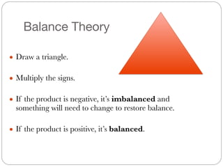 Balance Theory
● Draw a triangle.
#
● Multiply the signs.
#
● If the product is negative, it’s imbalanced and
something will need to change to restore balance.
#
● If the product is positive, it’s balanced.
 