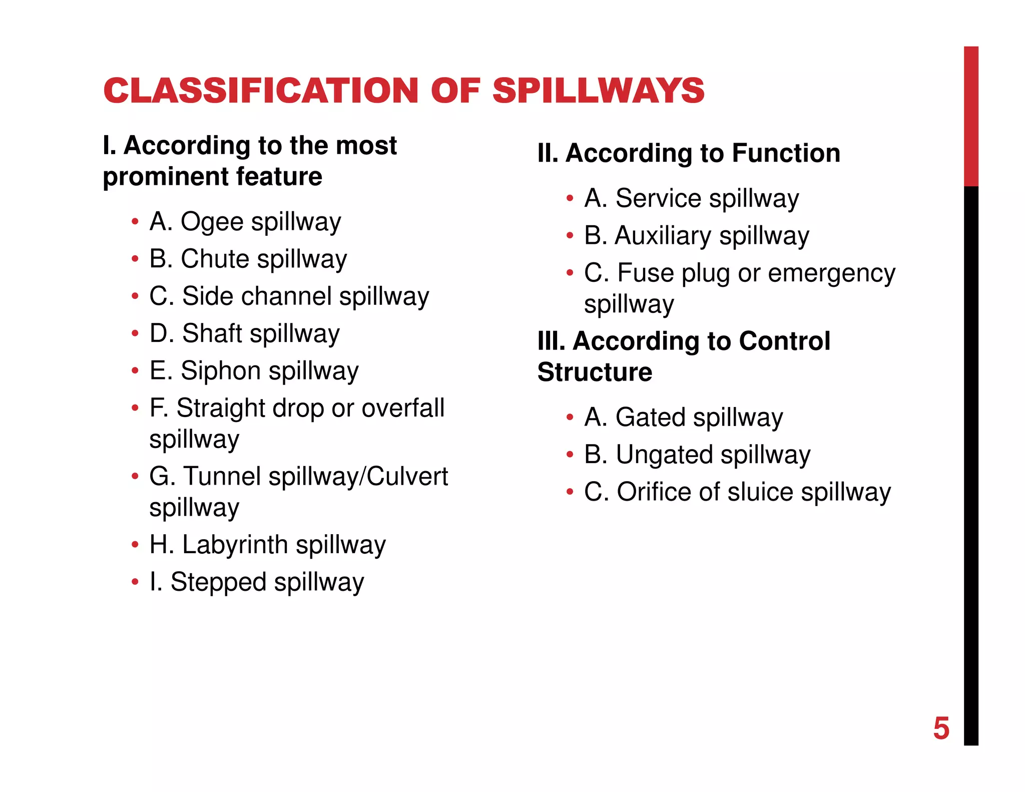 CLASSIFICATION OF SPILLWAYS
I. According to the most
prominent feature
• A. Ogee spillway
• B. Chute spillway
• C. Side channel spillway
• D. Shaft spillway
• E. Siphon spillway
• F. Straight drop or overfall
spillway
• G. Tunnel spillway/Culvert
spillway
• H. Labyrinth spillway
• I. Stepped spillway
II. According to Function
• A. Service spillway
• B. Auxiliary spillway
• C. Fuse plug or emergency
spillway
III. According to Control
Structure
• A. Gated spillway
• B. Ungated spillway
• C. Orifice of sluice spillway
5
 