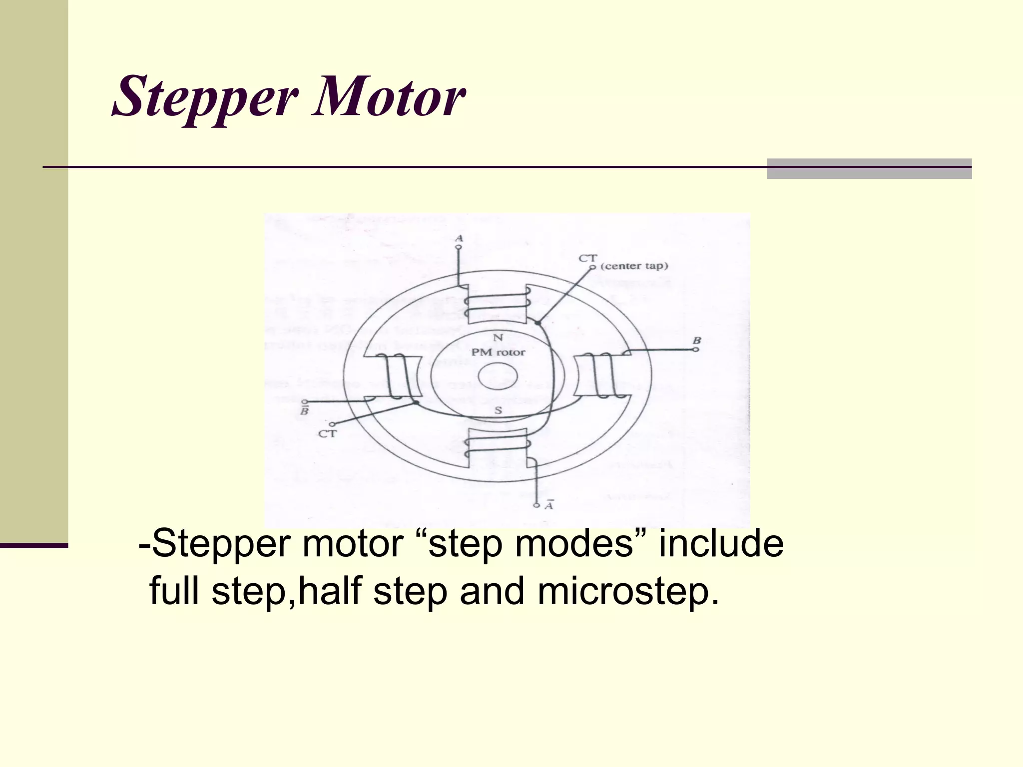 Stepper Motor -Stepper motor “step modes” include  full step,half step and microstep. 