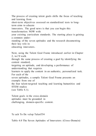 The process of creating talent goals shifts the focus of teaching
and learning from
short-term objectives assessed on standardized tests to long-
term aims to educate
innovators. The good news is that you can begin this
transformation NOW with
your existing curriculum standards. The starting place is gaining
a common under-
standing of the seven aptitudes and the research documenting
their key role in
educating innovators.
Next, using the Talent Goal Frame introduced earlier in Chapter
2, we’ll walk
through the same process of creating a goal by identifying the
content standard,
targeting an aptitude, and developing a performance of
understanding that requires
learners to apply the content in an authentic, personalized task.
For each of the
seven aptitudes, a sample Talent Goal Frame presents an
example from one of
the four talent-targeted teaching and learning humanities and
STEM studies
(see Table 4.1).
Talent goals in the cross-domain
aptitudes must be grounded in
challenging, domain-specific content.
Te ach To De velop TalenT54
Table 4.0 The Seven Aptitudes of Innovators (Cross-Domain)
 