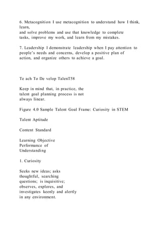 6. Metacognition I use metacognition to understand how I think,
learn,
and solve problems and use that knowledge to complete
tasks, improve my work, and learn from my mistakes.
7. Leadership I demonstrate leadership when I pay attention to
people’s needs and concerns, develop a positive plan of
action, and organize others to achieve a goal.
Te ach To De velop TalenT58
Keep in mind that, in practice, the
talent goal planning process is not
always linear.
Figure 4.0 Sample Talent Goal Frame: Curiosity in STEM
Talent Aptitude
Content Standard
Learning Objective
Performance of
Understanding
1. Curiosity
Seeks new ideas; asks
thoughtful, searching
questions; is inquisitive;
observes, explores, and
investigates keenly and alertly
in any environment.
 