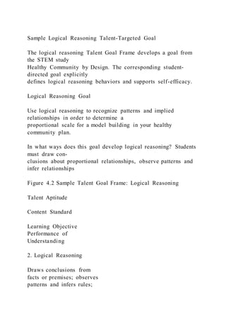 Sample Logical Reasoning Talent-Targeted Goal
The logical reasoning Talent Goal Frame develops a goal from
the STEM study
Healthy Community by Design. The corresponding student-
directed goal explicitly
defines logical reasoning behaviors and supports self-efficacy.
Logical Reasoning Goal
Use logical reasoning to recognize patterns and implied
relationships in order to determine a
proportional scale for a model building in your healthy
community plan.
In what ways does this goal develop logical reasoning? Students
must draw con-
clusions about proportional relationships, observe patterns and
infer relationships
Figure 4.2 Sample Talent Goal Frame: Logical Reasoning
Talent Aptitude
Content Standard
Learning Objective
Performance of
Understanding
2. Logical Reasoning
Draws conclusions from
facts or premises; observes
patterns and infers rules;
 