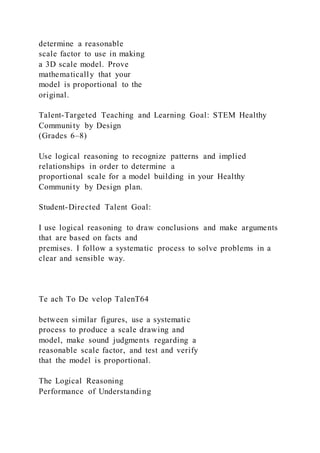 determine a reasonable
scale factor to use in making
a 3D scale model. Prove
mathematically that your
model is proportional to the
original.
Talent-Targeted Teaching and Learning Goal: STEM Healthy
Community by Design
(Grades 6–8)
Use logical reasoning to recognize patterns and implied
relationships in order to determine a
proportional scale for a model building in your Healthy
Community by Design plan.
Student-Directed Talent Goal:
I use logical reasoning to draw conclusions and make arguments
that are based on facts and
premises. I follow a systematic process to solve problems in a
clear and sensible way.
Te ach To De velop TalenT64
between similar figures, use a systematic
process to produce a scale drawing and
model, make sound judgments regarding a
reasonable scale factor, and test and verify
that the model is proportional.
The Logical Reasoning
Performance of Understanding
 