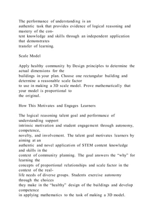 The performance of understanding is an
authentic task that provides evidence of logical reasoning and
mastery of the con-
tent knowledge and skills through an independent application
that demonstrates
transfer of learning.
Scale Model
Apply healthy community by Design principles to determine the
actual dimensions for the
buildings in your plan. Choose one rectangular building and
determine a reasonable scale factor
to use in making a 3D scale model. Prove mathematically that
your model is proportional to
the original.
How This Motivates and Engages Learners
The logical reasoning talent goal and performance of
understanding support
intrinsic motivation and student engagement through autonomy,
competence,
novelty, and involvement. The talent goal motivates learners by
aiming at an
authentic and novel application of STEM content knowledge
and skills in the
context of community planning. The goal answers the “why” for
learning the
concepts of proportional relationships and scale factor in the
context of the real-
life needs of diverse groups. Students exercise autonomy
through the choices
they make in the “healthy” design of the buildings and develop
competence
in applying mathematics to the task of making a 3D model.
 