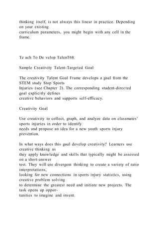 thinking itself, is not always this linear in practice. Depending
on your existing
curriculum parameters, you might begin with any cell in the
frame.
Te ach To De velop TalenT68
Sample Creativity Talent-Targeted Goal
The creativity Talent Goal Frame develops a goal from the
STEM study Stop Sports
Injuries (see Chapter 2). The corresponding student-directed
goal explicitly defines
creative behaviors and supports self-efficacy.
Creativity Goal
Use creativity to collect, graph, and analyze data on classmates’
sports injuries in order to identify
needs and propose an idea for a new youth sports injury
prevention.
In what ways does this goal develop creativity? Learners use
creative thinking as
they apply knowledge and skills that typically might be assessed
on a short-answer
test. They will use divergent thinking to create a variety of ratio
interpretations,
looking for new connections in sports injury statistics, using
creative problem solving
to determine the greatest need and initiate new projects. The
task opens up oppor-
tunities to imagine and invent.
 