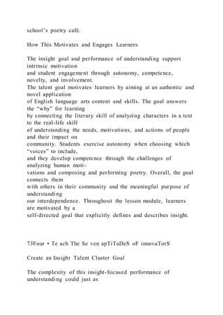 school’s poetry café.
How This Motivates and Engages Learners
The insight goal and performance of understanding support
intrinsic motivation
and student engagement through autonomy, competence,
novelty, and involvement.
The talent goal motivates learners by aiming at an authentic and
novel application
of English language arts content and skills. The goal answers
the “why” for learning
by connecting the literary skill of analyzing characters in a text
to the real-life skill
of understanding the needs, motivations, and actions of people
and their impact on
community. Students exercise autonomy when choosing which
“voices” to include,
and they develop competence through the challenges of
analyzing human moti-
vations and composing and performing poetry. Overall, the goal
connects them
with others in their community and the meaningful purpose of
understanding
our interdependence. Throughout the lesson module, learners
are motivated by a
self-directed goal that explicitly defines and describes insight.
73Four • Te ach The Se ven apTiTuDeS oF innovaTorS
Create an Insight Talent Cluster Goal
The complexity of this insight-focused performance of
understanding could just as
 
