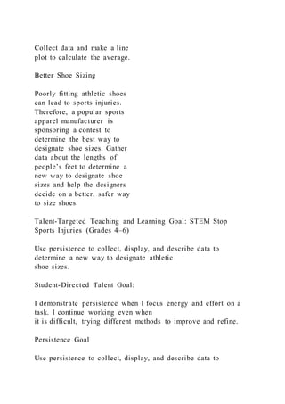 Collect data and make a line
plot to calculate the average.
Better Shoe Sizing
Poorly fitting athletic shoes
can lead to sports injuries.
Therefore, a popular sports
apparel manufacturer is
sponsoring a contest to
determine the best way to
designate shoe sizes. Gather
data about the lengths of
people’s feet to determine a
new way to designate shoe
sizes and help the designers
decide on a better, safer way
to size shoes.
Talent-Targeted Teaching and Learning Goal: STEM Stop
Sports Injuries (Grades 4–6)
Use persistence to collect, display, and describe data to
determine a new way to designate athletic
shoe sizes.
Student-Directed Talent Goal:
I demonstrate persistence when I focus energy and effort on a
task. I continue working even when
it is difficult, trying different methods to improve and refine.
Persistence Goal
Use persistence to collect, display, and describe data to
 