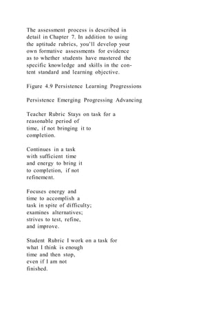 The assessment process is described in
detail in Chapter 7. In addition to using
the aptitude rubrics, you’ll develop your
own formative assessments for evidence
as to whether students have mastered the
specific knowledge and skills in the con-
tent standard and learning objective.
Figure 4.9 Persistence Learning Progressions
Persistence Emerging Progressing Advancing
Teacher Rubric Stays on task for a
reasonable period of
time, if not bringing it to
completion.
Continues in a task
with sufficient time
and energy to bring it
to completion, if not
refinement.
Focuses energy and
time to accomplish a
task in spite of difficulty;
examines alternatives;
strives to test, refine,
and improve.
Student Rubric I work on a task for
what I think is enough
time and then stop,
even if I am not
finished.
 