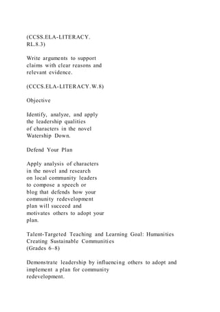 (CCSS.ELA-LITERACY.
RL.8.3)
Write arguments to support
claims with clear reasons and
relevant evidence.
(CCCS.ELA-LITERACY.W.8)
Objective
Identify, analyze, and apply
the leadership qualities
of characters in the novel
Watership Down.
Defend Your Plan
Apply analysis of characters
in the novel and research
on local community leaders
to compose a speech or
blog that defends how your
community redevelopment
plan will succeed and
motivates others to adopt your
plan.
Talent-Targeted Teaching and Learning Goal: Humanities
Creating Sustainable Communities
(Grades 6–8)
Demonstrate leadership by influencing others to adopt and
implement a plan for community
redevelopment.
 