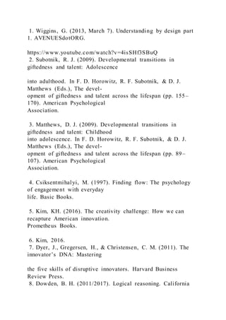 1. Wiggins, G. (2013, March 7). Understanding by design part
1. AVENUESdotORG.
https://www.youtube.com/watch?v=4isSHf3SBuQ
2. Subotnik, R. J. (2009). Developmental transitions in
giftedness and talent: Adolescence
into adulthood. In F. D. Horowitz, R. F. Subotnik, & D. J.
Matthews (Eds.), The devel-
opment of giftedness and talent across the lifespan (pp. 155–
170). American Psychological
Association.
3. Matthews, D. J. (2009). Developmental transitions in
giftedness and talent: Childhood
into adolescence. In F. D. Horowitz, R. F. Subotnik, & D. J.
Matthews (Eds.), The devel-
opment of giftedness and talent across the lifespan (pp. 89–
107). American Psychological
Association.
4. Csiksentmihalyi, M. (1997). Finding flow: The psychology
of engagement with everyday
life. Basic Books.
5. Kim, KH. (2016). The creativity challenge: How we can
recapture American innovation.
Prometheus Books.
6. Kim, 2016.
7. Dyer, J., Gregersen, H., & Christensen, C. M. (2011). The
innovator’s DNA: Mastering
the five skills of disruptive innovators. Harvard Business
Review Press.
8. Dowden, B. H. (2011/2017). Logical reasoning. California
 