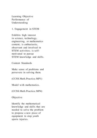 Learning Objective
Performance of
Understanding
1. Engagement in STEM
Exhibits high interest
in science, technology,
engineering, or mathematics
content; is enthusiastic,
observant and involved in
STEM activities; is self-
motivated to pursue
STEM knowledge and skills.
Content Standards
Make sense of problems and
persevere in solving them.
(CCSS.Math.Practice.MP1)
Model with mathematics.
(CCSS.Math.Practice.MP4)
Objective
Identify the mathematical
knowledge and skills that are
needed to solve the problem
to propose a new piece of
equipment to stop youth
sports injuries.
 