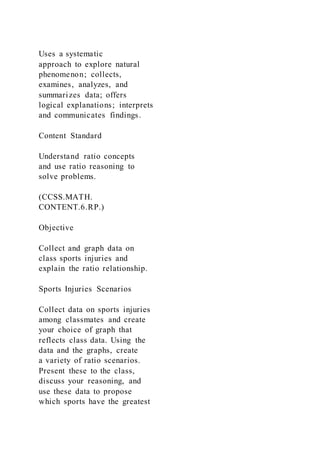 Uses a systematic
approach to explore natural
phenomenon; collects,
examines, analyzes, and
summarizes data; offers
logical explanations; interprets
and communicates findings.
Content Standard
Understand ratio concepts
and use ratio reasoning to
solve problems.
(CCSS.MATH.
CONTENT.6.RP.)
Objective
Collect and graph data on
class sports injuries and
explain the ratio relationship.
Sports Injuries Scenarios
Collect data on sports injuries
among classmates and create
your choice of graph that
reflects class data. Using the
data and the graphs, create
a variety of ratio scenarios.
Present these to the class,
discuss your reasoning, and
use these data to propose
which sports have the greatest
 