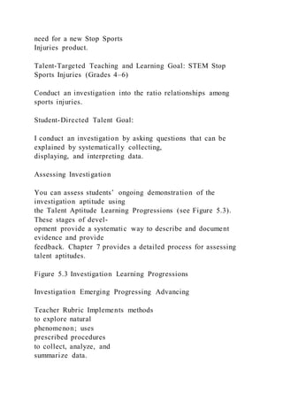 need for a new Stop Sports
Injuries product.
Talent-Targeted Teaching and Learning Goal: STEM Stop
Sports Injuries (Grades 4–6)
Conduct an investigation into the ratio relationships among
sports injuries.
Student-Directed Talent Goal:
I conduct an investigation by asking questions that can be
explained by systematically collecting,
displaying, and interpreting data.
Assessing Investigation
You can assess students’ ongoing demonstration of the
investigation aptitude using
the Talent Aptitude Learning Progressions (see Figure 5.3).
These stages of devel-
opment provide a systematic way to describe and document
evidence and provide
feedback. Chapter 7 provides a detailed process for assessing
talent aptitudes.
Figure 5.3 Investigation Learning Progressions
Investigation Emerging Progressing Advancing
Teacher Rubric Implements methods
to explore natural
phenomenon; uses
prescribed procedures
to collect, analyze, and
summarize data.
 