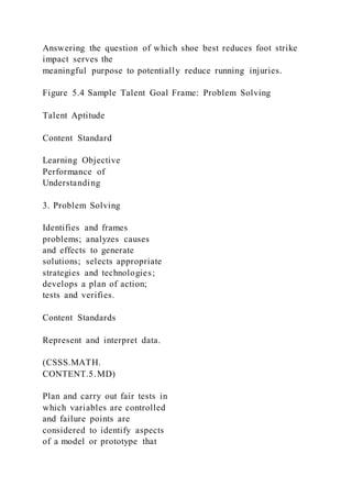 Answering the question of which shoe best reduces foot strike
impact serves the
meaningful purpose to potentially reduce running injuries.
Figure 5.4 Sample Talent Goal Frame: Problem Solving
Talent Aptitude
Content Standard
Learning Objective
Performance of
Understanding
3. Problem Solving
Identifies and frames
problems; analyzes causes
and effects to generate
solutions; selects appropriate
strategies and technologies;
develops a plan of action;
tests and verifies.
Content Standards
Represent and interpret data.
(CSSS.MATH.
CONTENT.5.MD)
Plan and carry out fair tests in
which variables are controlled
and failure points are
considered to identify aspects
of a model or prototype that
 
