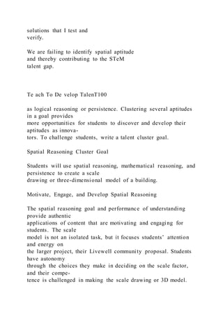 solutions that I test and
verify.
We are failing to identify spatial aptitude
and thereby contributing to the STeM
talent gap.
Te ach To De velop TalenT100
as logical reasoning or persistence. Clustering several aptitudes
in a goal provides
more opportunities for students to discover and develop their
aptitudes as innova-
tors. To challenge students, write a talent cluster goal.
Spatial Reasoning Cluster Goal
Students will use spatial reasoning, mathematical reasoning, and
persistence to create a scale
drawing or three-dimensional model of a building.
Motivate, Engage, and Develop Spatial Reasoning
The spatial reasoning goal and performance of understanding
provide authentic
applications of content that are motivating and engaging for
students. The scale
model is not an isolated task, but it focuses students’ attention
and energy on
the larger project, their Livewell community proposal. Students
have autonomy
through the choices they make in deciding on the scale factor,
and their compe-
tence is challenged in making the scale drawing or 3D model.
 