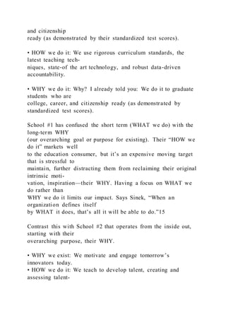 and citizenship
ready (as demonstrated by their standardized test scores).
• HOW we do it: We use rigorous curriculum standards, the
latest teaching tech-
niques, state-of the art technology, and robust data-driven
accountability.
• WHY we do it: Why? I already told you: We do it to graduate
students who are
college, career, and citizenship ready (as demonstrated by
standardized test scores).
School #1 has confused the short term (WHAT we do) with the
long-term WHY
(our overarching goal or purpose for existing). Their “HOW we
do it” markets well
to the education consumer, but it’s an expensive moving target
that is stressful to
maintain, further distracting them from reclaiming their original
intrinsic moti-
vation, inspiration—their WHY. Having a focus on WHAT we
do rather than
WHY we do it limits our impact. Says Sinek, “When an
organization defines itself
by WHAT it does, that’s all it will be able to do.”15
Contrast this with School #2 that operates from the inside out,
starting with their
overarching purpose, their WHY.
• WHY we exist: We motivate and engage tomorrow’s
innovators today.
• HOW we do it: We teach to develop talent, creating and
assessing talent-
 