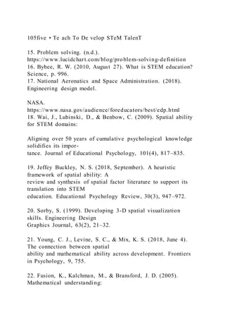 105five • Te ach To De velop STeM TalenT
15. Problem solving. (n.d.).
https://www.lucidchart.com/blog/problem-solving-definition
16. Bybee, R. W. (2010, August 27). What is STEM education?
Science, p. 996.
17. National Aeronatics and Space Administration. (2018).
Engineering design model.
NASA.
https://www.nasa.gov/audience/foreducators/best/edp.html
18. Wai, J., Lubinski, D., & Benbow, C. (2009). Spatial ability
for STEM domains:
Aligning over 50 years of cumulative psychological knowledge
solidifies its impor-
tance. Journal of Educational Psychology, 101(4), 817–835.
19. Jeffey Buckley, N. S. (2018, September). A heuristic
framework of spatial ability: A
review and synthesis of spatial factor literature to support its
translation into STEM
education. Educational Psychology Review, 30(3), 947–972.
20. Sorby, S. (1999). Developing 3-D spatial visualization
skills. Engineering Design
Graphics Journal, 63(2), 21–32.
21. Young, C. J., Levine, S. C., & Mix, K. S. (2018, June 4).
The connection between spatial
ability and mathematical ability across development. Frontiers
in Psychology, 9, 755.
22. Fusion, K., Kalchman, M., & Bransford, J. D. (2005).
Mathematical understanding:
 