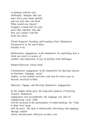 in dealing with his own
challenges. Imagine that you
must leave your home quickly
and can only take one book.
What would you choose?
Compose a book talk for your
peers that explains why and
how you connect with the
book you chose.
Talent-Targeted Teaching and Learning Goal: Humanities
Perspectives in Art and Culture
(Grades 4–6)
Demonstrate engagement in the humanities by explaining how a
book you read is a source of
comfort and inspiration to you in dealing with challenges.
Student-Directed Talent Goal:
I demonstrate engagement in the humanities by showing interest
in literature, language, social
studies, or arts-related activities and look for more ways to
become involved in them.
Motivate, Engage, and Develop Humanities Engagement
In the sample talent goal, the long-term purpose of fostering
learners’ humanities
engagement also accomplishes the language arts skill of
summarizing a text. Both
will be assessed in the performance of understanding, the “Take
It With You” book
talk for peers. The task is intrinsically motivating and engaging
through student
choice and personal reflection on their own
 