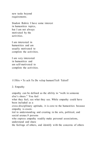 new tasks beyond
requirements.
Student Rubric I have some interest
in humanities topics,
but I am not always
motivated by the
activities.
I am interested in
humanities and am
usually motivated to
complete the activities.
I am very interested
in humanities and
am self-motivated to
complete the activities.
113Six • Te ach To De velop humaniTieS TalenT
2. Empathy
empathy can be defined as the ability to “walk in someone
else’s shoes.” You feel
what they feel, see what they see. While empathy could have
been included as a
cross-disciplinary aptitude, it is core to the humanities because
empathy is essen-
tial to understanding and creating in the arts, political, and
social arenas.9 persons
who express empathy readily make personal associations,
understand and share
the feelings of others, and identify with the concerns of others
 