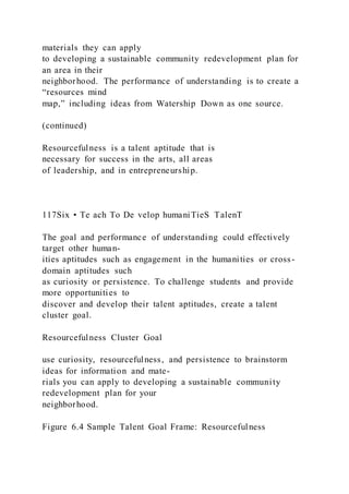 materials they can apply
to developing a sustainable community redevelopment plan for
an area in their
neighborhood. The performance of understanding is to create a
“resources mind
map,” including ideas from Watership Down as one source.
(continued)
Resourcefulness is a talent aptitude that is
necessary for success in the arts, all areas
of leadership, and in entrepreneurship.
117Six • Te ach To De velop humaniTieS TalenT
The goal and performance of understanding could effectively
target other human-
ities aptitudes such as engagement in the humanities or cross-
domain aptitudes such
as curiosity or persistence. To challenge students and provide
more opportunities to
discover and develop their talent aptitudes, create a talent
cluster goal.
Resourcefulness Cluster Goal
use curiosity, resourcefulness, and persistence to brainstorm
ideas for information and mate-
rials you can apply to developing a sustainable community
redevelopment plan for your
neighborhood.
Figure 6.4 Sample Talent Goal Frame: Resourcefulness
 