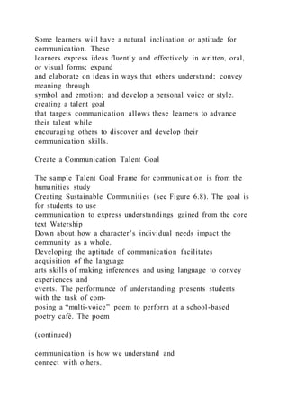 Some learners will have a natural inclination or aptitude for
communication. These
learners express ideas fluently and effectively in written, oral,
or visual forms; expand
and elaborate on ideas in ways that others understand; convey
meaning through
symbol and emotion; and develop a personal voice or style.
creating a talent goal
that targets communication allows these learners to advance
their talent while
encouraging others to discover and develop their
communication skills.
Create a Communication Talent Goal
The sample Talent Goal Frame for communication is from the
humanities study
Creating Sustainable Communities (see Figure 6.8). The goal is
for students to use
communication to express understandings gained from the core
text Watership
Down about how a character’s individual needs impact the
community as a whole.
Developing the aptitude of communication facilitates
acquisition of the language
arts skills of making inferences and using language to convey
experiences and
events. The performance of understanding presents students
with the task of com-
posing a “multi-voice” poem to perform at a school-based
poetry café. The poem
(continued)
communication is how we understand and
connect with others.
 