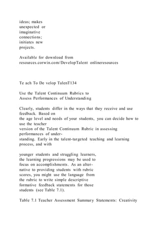 ideas; makes
unexpected or
imaginative
connections;
initiates new
projects.
Available for download from
resources.corwin.com/DevelopTalent onlineresources
Te ach To De velop TalenT134
Use the Talent Continuum Rubrics to
Assess Performances of Understanding
Clearly, students differ in the ways that they receive and use
feedback. Based on
the age level and needs of your students, you can decide how to
use the teacher
version of the Talent Continuum Rubric in assessing
performances of under-
standing. Early in the talent-targeted teaching and learning
process, and with
younger students and struggling learners,
the learning progressions may be used to
focus on accomplishments. As an alter-
native to providing students with rubric
scores, you might use the language from
the rubric to write simple descriptive
formative feedback statements for those
students (see Table 7.1).
Table 7.1 Teacher Assessment Summary Statements: Creativity
 