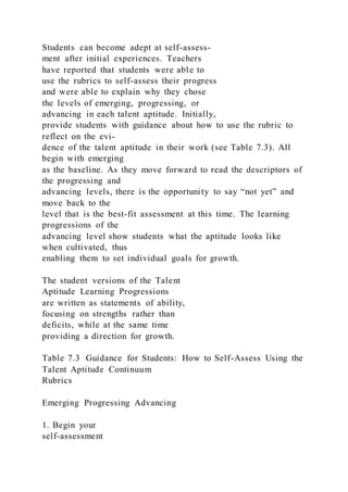 Students can become adept at self-assess-
ment after initial experiences. Teachers
have reported that students were able to
use the rubrics to self-assess their progress
and were able to explain why they chose
the levels of emerging, progressing, or
advancing in each talent aptitude. Initially,
provide students with guidance about how to use the rubric to
reflect on the evi-
dence of the talent aptitude in their work (see Table 7.3). All
begin with emerging
as the baseline. As they move forward to read the descriptors of
the progressing and
advancing levels, there is the opportunity to say “not yet” and
move back to the
level that is the best-fit assessment at this time. The learning
progressions of the
advancing level show students what the aptitude looks like
when cultivated, thus
enabling them to set individual goals for growth.
The student versions of the Talent
Aptitude Learning Progressions
are written as statements of ability,
focusing on strengths rather than
deficits, while at the same time
providing a direction for growth.
Table 7.3 Guidance for Students: How to Self-Assess Using the
Talent Aptitude Continuum
Rubrics
Emerging Progressing Advancing
1. Begin your
self-assessment
 
