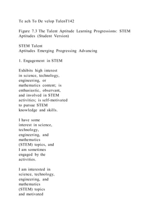 Te ach To De velop TalenT142
Figure 7.3 The Talent Aptitude Learning Progressions: STEM
Aptitudes (Student Version)
STEM Talent
Aptitudes Emerging Progressing Advancing
1. Engagement in STEM
Exhibits high interest
in science, technology,
engineering, or
mathematics content; is
enthusiastic, observant,
and involved in STEM
activities; is self-motivated
to pursue STEM
knowledge and skills.
I have some
interest in science,
technology,
engineering, and
mathematics
(STEM) topics, and
I am sometimes
engaged by the
activities.
I am interested in
science, technology,
engineering, and
mathematics
(STEM) topics
and motivated
 