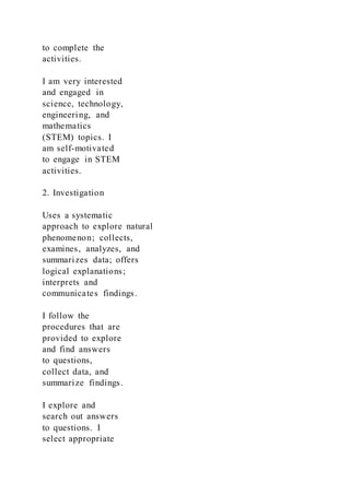 to complete the
activities.
I am very interested
and engaged in
science, technology,
engineering, and
mathematics
(STEM) topics. I
am self-motivated
to engage in STEM
activities.
2. Investigation
Uses a systematic
approach to explore natural
phenomenon; collects,
examines, analyzes, and
summarizes data; offers
logical explanations;
interprets and
communicates findings.
I follow the
procedures that are
provided to explore
and find answers
to questions,
collect data, and
summarize findings.
I explore and
search out answers
to questions. I
select appropriate
 