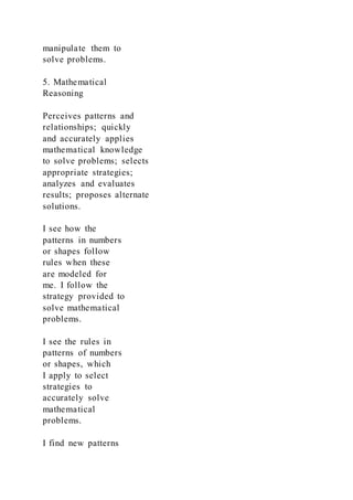 manipulate them to
solve problems.
5. Mathematical
Reasoning
Perceives patterns and
relationships; quickly
and accurately applies
mathematical knowledge
to solve problems; selects
appropriate strategies;
analyzes and evaluates
results; proposes alternate
solutions.
I see how the
patterns in numbers
or shapes follow
rules when these
are modeled for
me. I follow the
strategy provided to
solve mathematical
problems.
I see the rules in
patterns of numbers
or shapes, which
I apply to select
strategies to
accurately solve
mathematical
problems.
I find new patterns
 