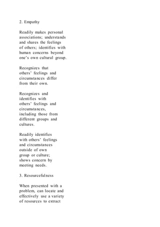 2. Empathy
Readily makes personal
associations; understands
and shares the feelings
of others; identifies with
human concerns beyond
one’s own cultural group.
Recognizes that
others’ feelings and
circumstances differ
from their own.
Recognizes and
identifies with
others’ feelings and
circumstances,
including those from
different groups and
cultures.
Readily identifies
with others’ feelings
and circumstances
outside of own
group or culture;
shows concern by
meeting needs.
3. Resourcefulness
When presented with a
problem, can locate and
effectively use a variety
of resources to extract
 