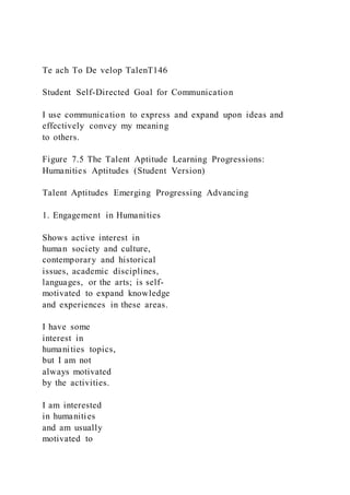 Te ach To De velop TalenT146
Student Self-Directed Goal for Communication
I use communication to express and expand upon ideas and
effectively convey my meaning
to others.
Figure 7.5 The Talent Aptitude Learning Progressions:
Humanities Aptitudes (Student Version)
Talent Aptitudes Emerging Progressing Advancing
1. Engagement in Humanities
Shows active interest in
human society and culture,
contemporary and historical
issues, academic disciplines,
languages, or the arts; is self-
motivated to expand knowledge
and experiences in these areas.
I have some
interest in
humanities topics,
but I am not
always motivated
by the activities.
I am interested
in humanities
and am usually
motivated to
 