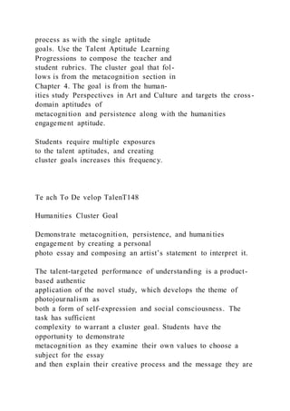 process as with the single aptitude
goals. Use the Talent Aptitude Learning
Progressions to compose the teacher and
student rubrics. The cluster goal that fol-
lows is from the metacognition section in
Chapter 4. The goal is from the human-
ities study Perspectives in Art and Culture and targets the cross -
domain aptitudes of
metacognition and persistence along with the humanities
engagement aptitude.
Students require multiple exposures
to the talent aptitudes, and creating
cluster goals increases this frequency.
Te ach To De velop TalenT148
Humanities Cluster Goal
Demonstrate metacognition, persistence, and humanities
engagement by creating a personal
photo essay and composing an artist’s statement to interpret it.
The talent-targeted performance of understanding is a product-
based authentic
application of the novel study, which develops the theme of
photojournalism as
both a form of self-expression and social consciousness. The
task has sufficient
complexity to warrant a cluster goal. Students have the
opportunity to demonstrate
metacognition as they examine their own values to choose a
subject for the essay
and then explain their creative process and the message they are
 