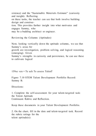sistence) and the “Sustainable Materials Estimate” (curiosity
and insight). Reflecting
on these tasks, the teacher can see that both involve building
design and construc-
tion. This provides further insight into what motivates and
engages Sammy, who
may be a budding architect or engineer.
Reviewing the Columns (Aptitudes)
Next, looking vertically down the aptitude columns, we see that
Sammy’s areas for
growth are investigation, problem solving, and logical reasoning
(emerging). Given
Sammy’s strengths in curiosity and persistence, he can use these
to cultivate logical
159se ven • Te ach To assess TalenT
Figure 7.10 STEM Talent Development Portfolio Record:
Sammy B.
Directions:
1. Complete the self-assessment for your talent-targeted task:
the Talent Aptitude
Continuum Rubric and Reflection.
Keep these documents in your Talent Development Portfolio.
2. On the chart, fill in the date and talent-targeted task. Record
the rubric ratings for the
talent aptitude(s):
 
