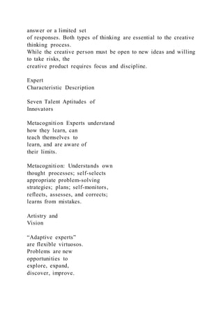 answer or a limited set
of responses. Both types of thinking are essential to the creative
thinking process.
While the creative person must be open to new ideas and willing
to take risks, the
creative product requires focus and discipline.
Expert
Characteristic Description
Seven Talent Aptitudes of
Innovators
Metacognition Experts understand
how they learn, can
teach themselves to
learn, and are aware of
their limits.
Metacognition: Understands own
thought processes; self-selects
appropriate problem-solving
strategies; plans; self-monitors,
reflects, assesses, and corrects;
learns from mistakes.
Artistry and
Vision
“Adaptive experts”
are flexible virtuosos.
Problems are new
opportunities to
explore, expand,
discover, improve.
 