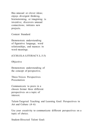 Has unusual or clever ideas;
enjoys divergent thinking,
brainstorming, or imagining; is
inventive; discovers unusual
connections; initiates new
projects.
Content Standard
Demonstrate understanding
of figurative language, word
relationships, and nuances in
word meanings.
(CCSS.ELA-LITERACY.L.5.5)
Objective
Demonstrate understanding of
the concept of perspective.
Three-Voices Perspectives
Presentation
Communicate to peers in a
chosen format three different
perspectives on a topic of
interest.
Talent-Targeted Teaching and Learning Goal: Perspectives in
Art and Culture (4–6)
Use your creativity to communicate different perspectives on a
topic of choice.
Student-Directed Talent Goal:
 